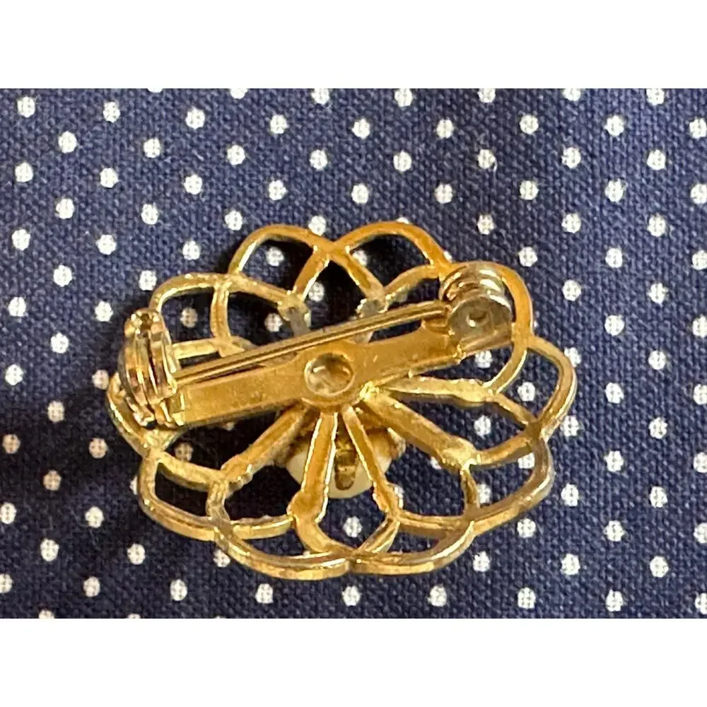 Gold-Tone Floral Pin With Single Pearl Center Vintage Openwork Design Estate